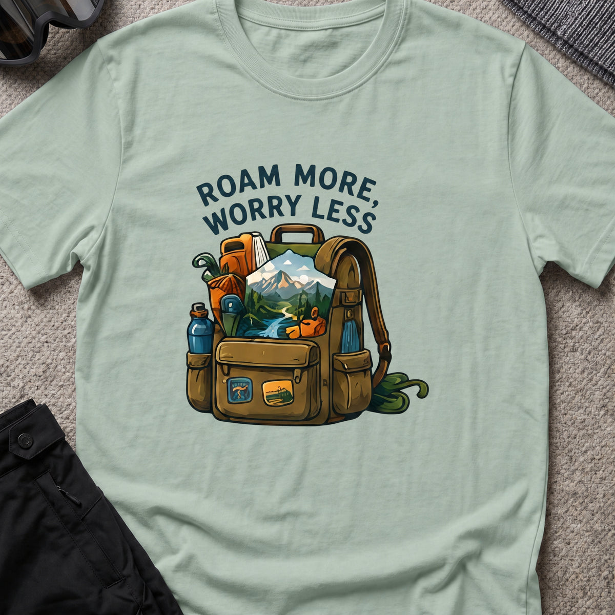 Roam More Worry Less T-Shirt in Sage, front view.
