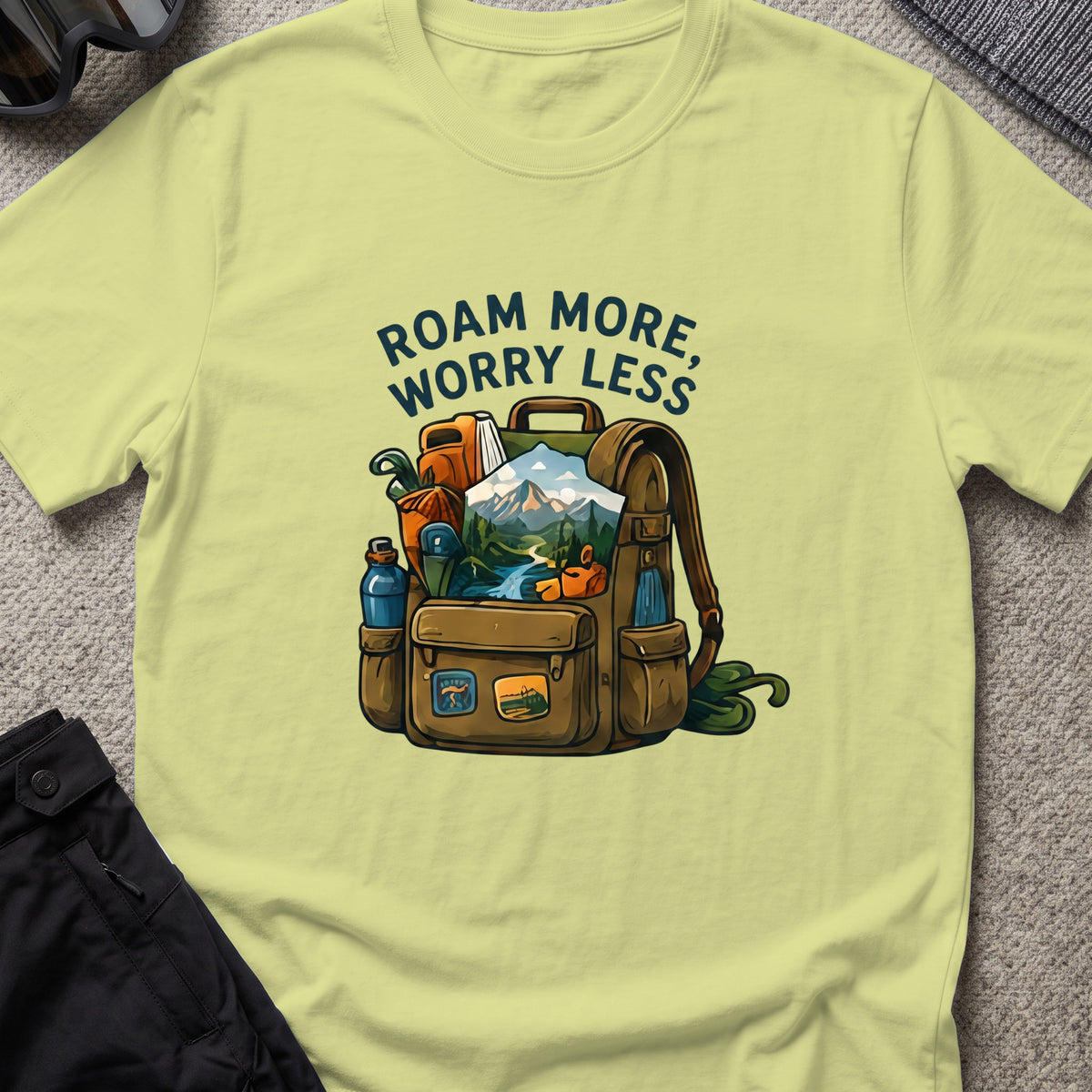 Roam More Worry Less T-Shirt in Pistachio, front view.