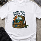 Roam More Worry Less T-Shirt in White, front view.