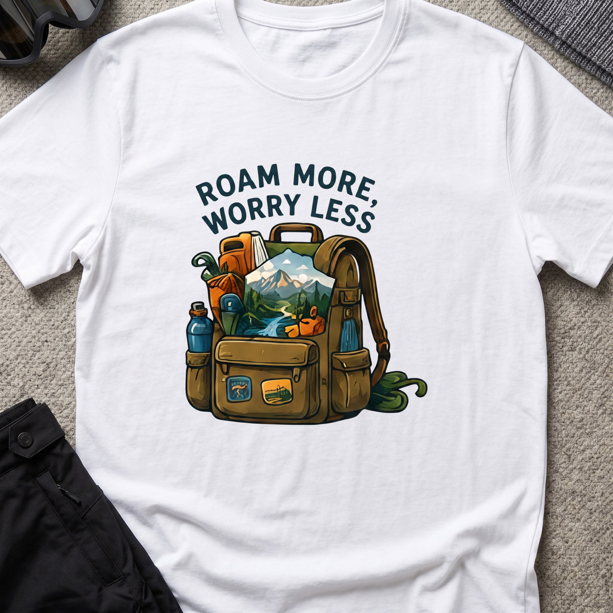 Roam More Worry Less T-Shirt in White, front view.