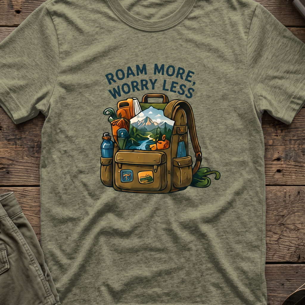Roam More Worry Less T-Shirt in Heather Military Green, front view.