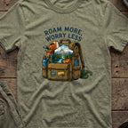 Roam More Worry Less T-Shirt in Heather Military Green, front view.