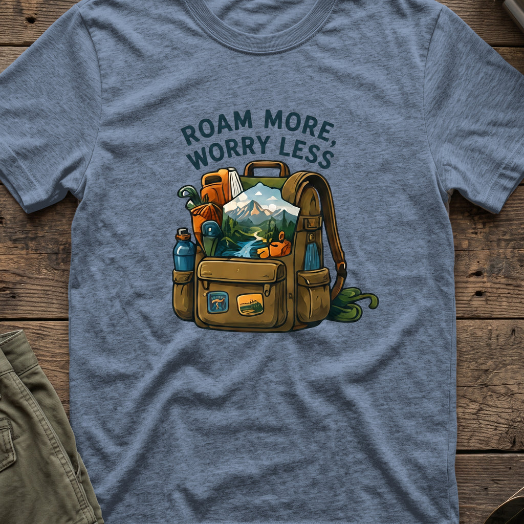 Roam More Worry Less T-Shirt in Heather Indigo, front view.
