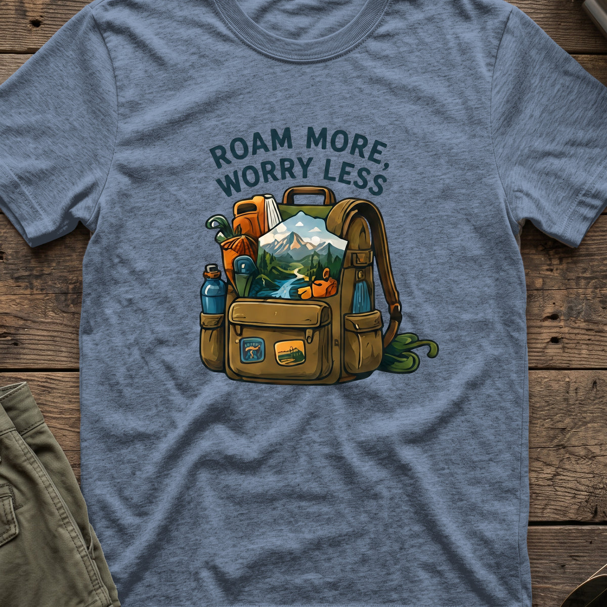 Roam More Worry Less T-Shirt in Heather Indigo, front view.