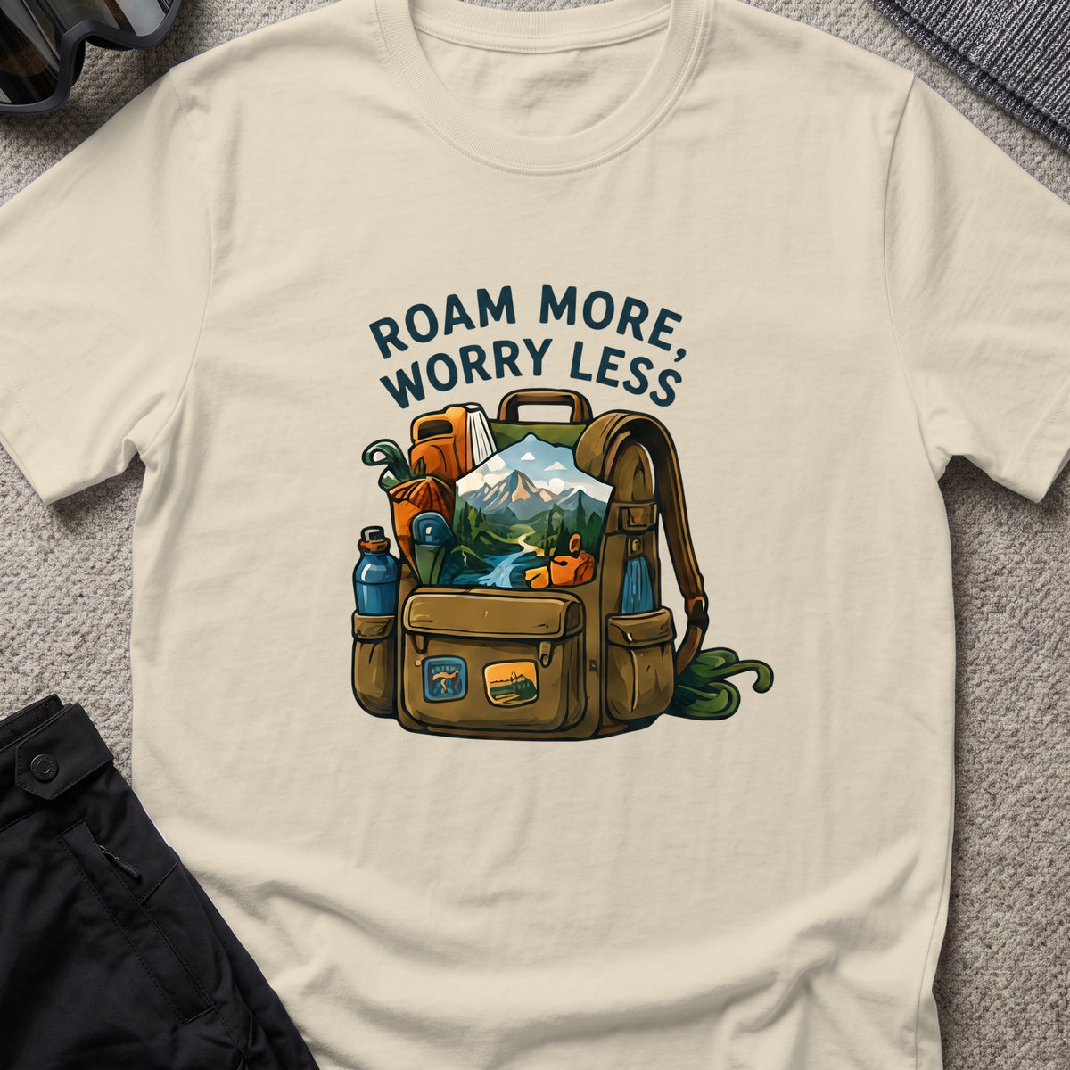 Roam More Worry Less T-Shirt in Sand, front view.