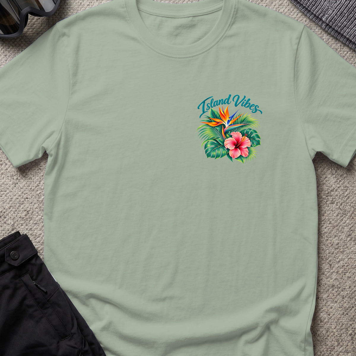 Island Vibes 2 T-Shirt in Sage, front view.