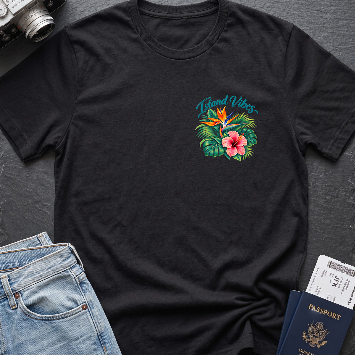 Island Vibes 2 T-Shirt in Black, front view.