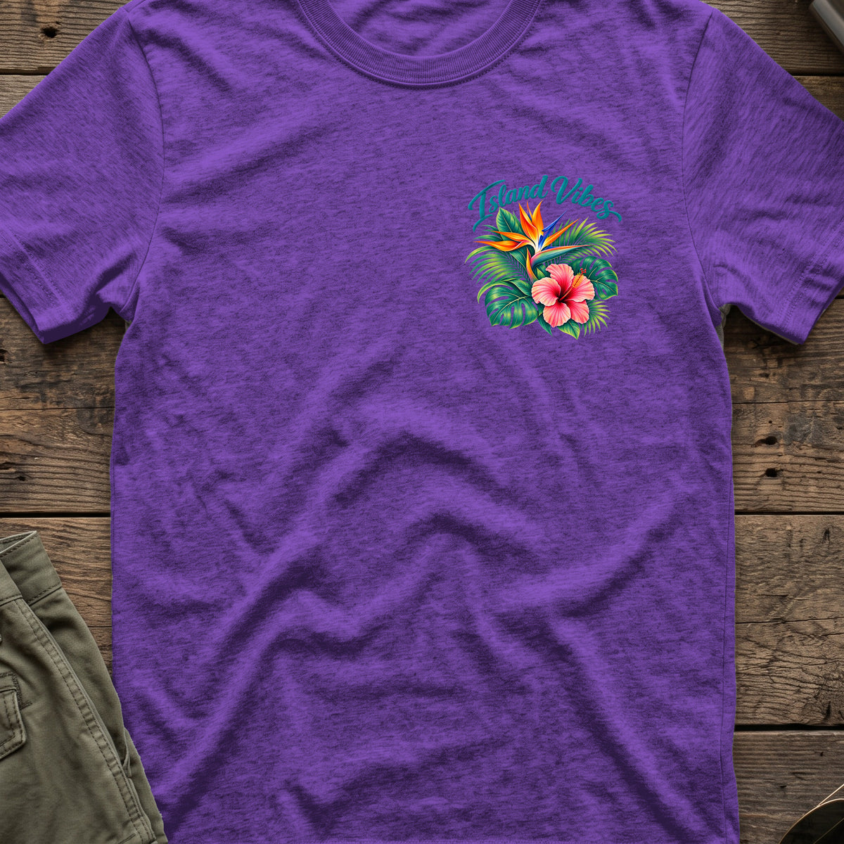 Island Vibes 2 T-Shirt in Heather Purple, front view.