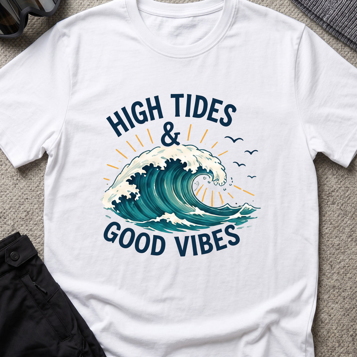 High Tides and Good Vibes T-Shirt in White, front view.