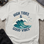 High Tides and Good Vibes T-Shirt in Ice Grey, front view.