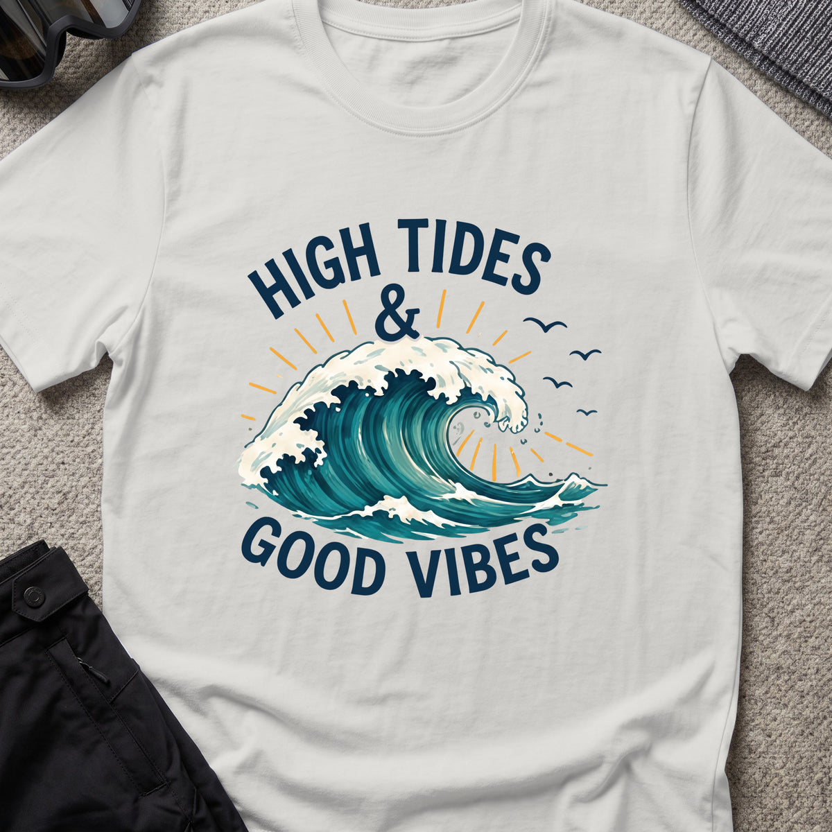 High Tides and Good Vibes T-Shirt in Ice Grey, front view.