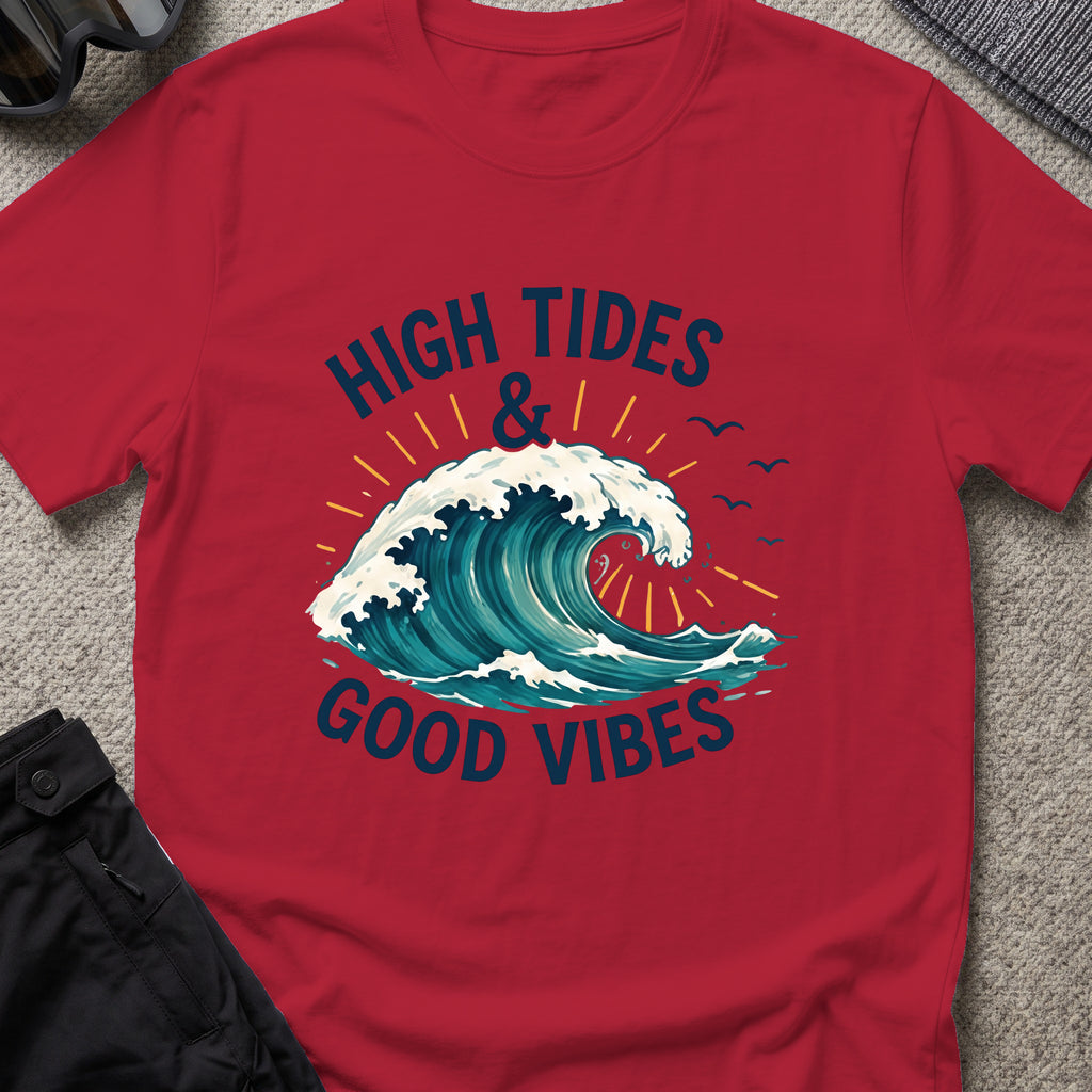 High Tides and Good Vibes T-Shirt in Antique Cherry Red, front view.