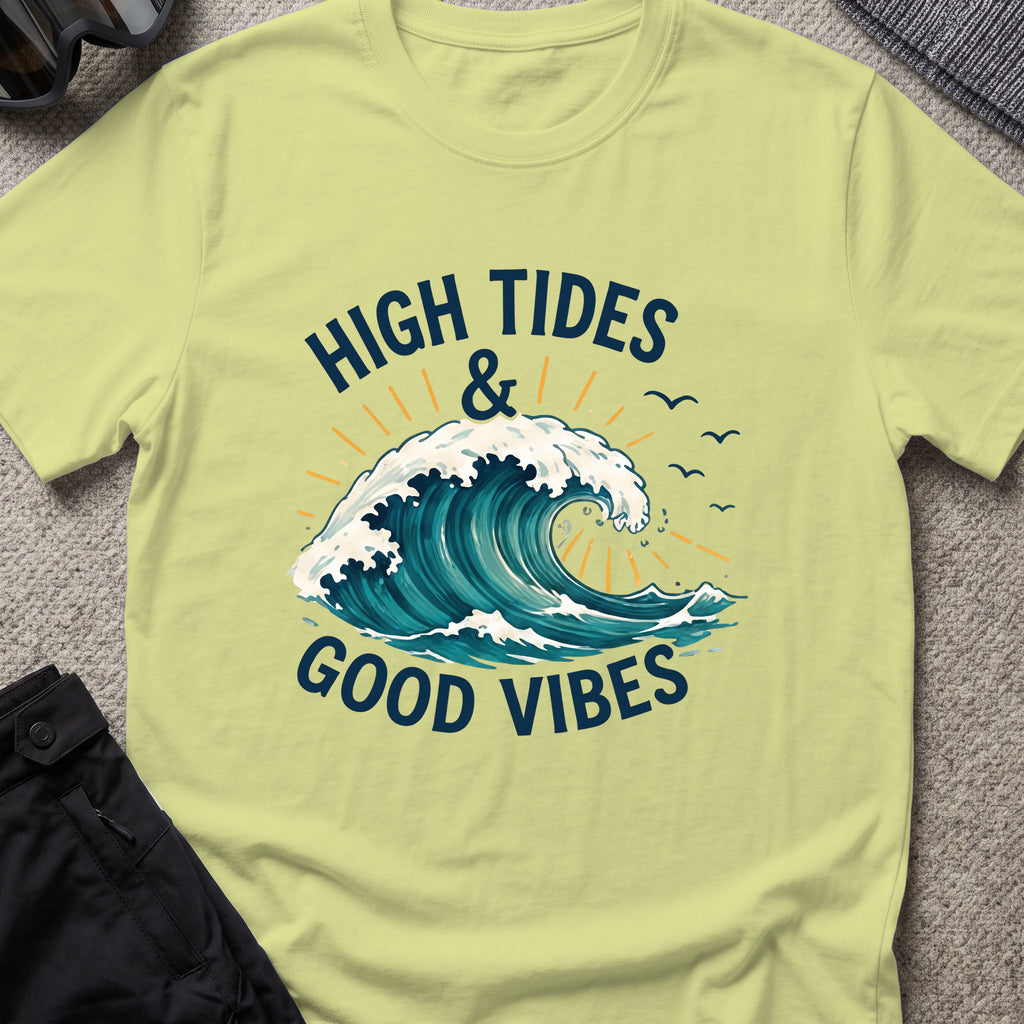 High Tides and Good Vibes T-Shirt in Pistachio, front view.