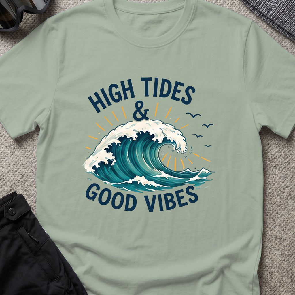 High Tides and Good Vibes T-Shirt in Sage, front view.