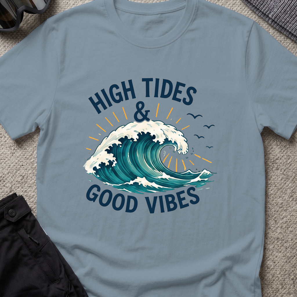 High Tides and Good Vibes T-Shirt in Stone Blue, front view.