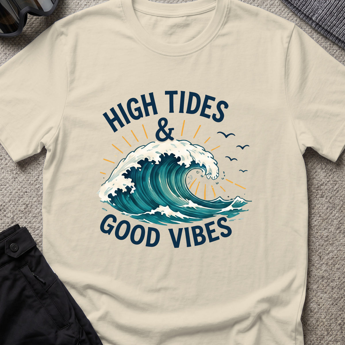 High Tides and Good Vibes T-Shirt in Sand, front view.