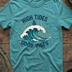 High Tides and Good Vibes T-Shirt in Heather Galapagos Blue, front view.
