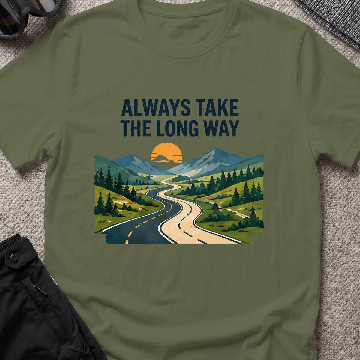 Always Take the Long Way T-Shirt in Military Green, front view.