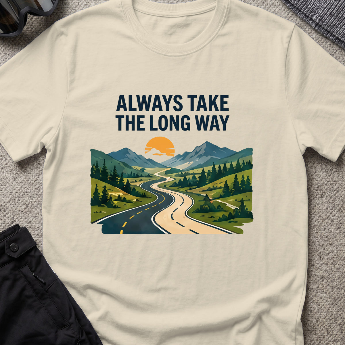 Always Take the Long Way T-Shirt in Sand, front view.