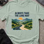 Always Take the Long Way T-Shirt in Sage, front view.