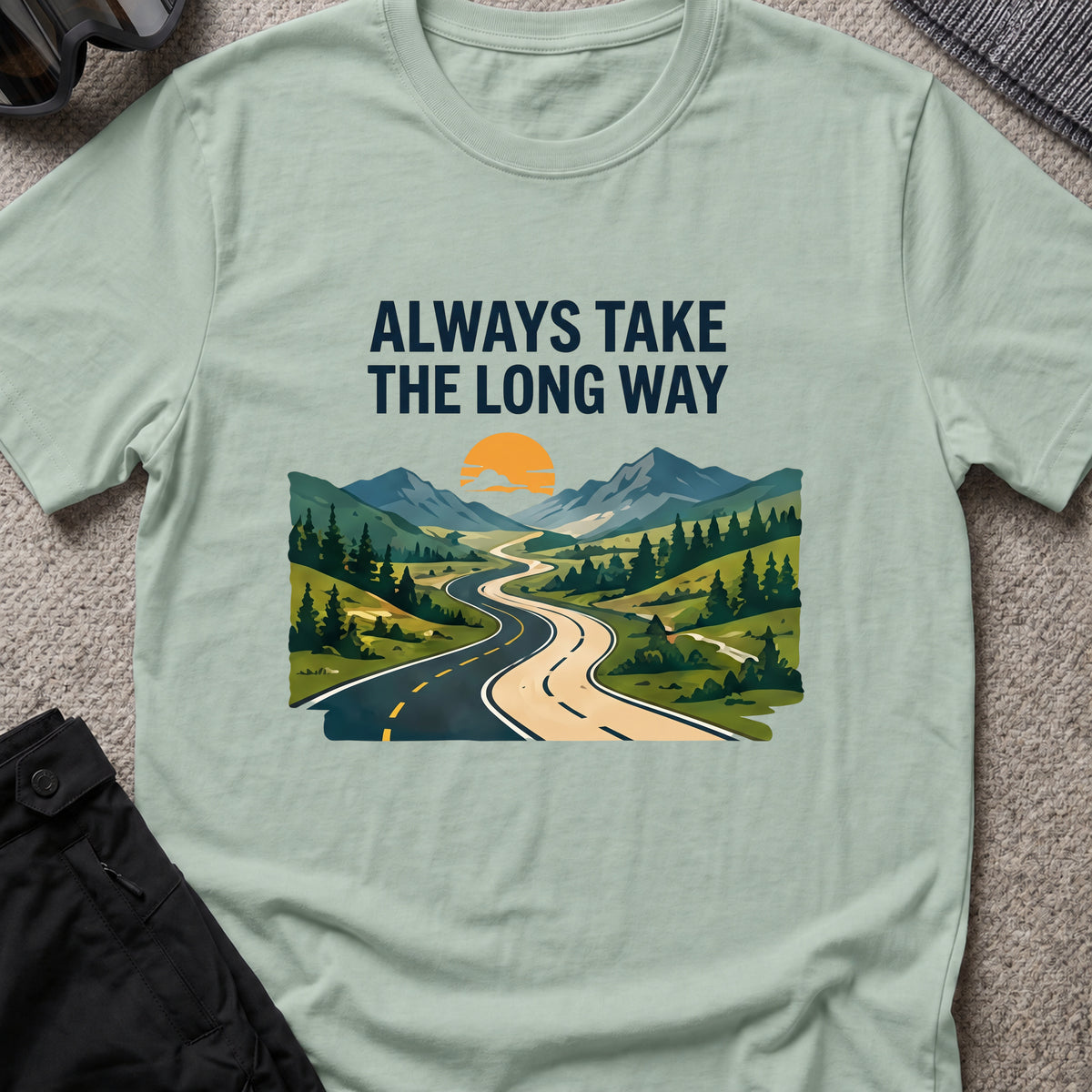 Always Take the Long Way T-Shirt in Sage, front view.