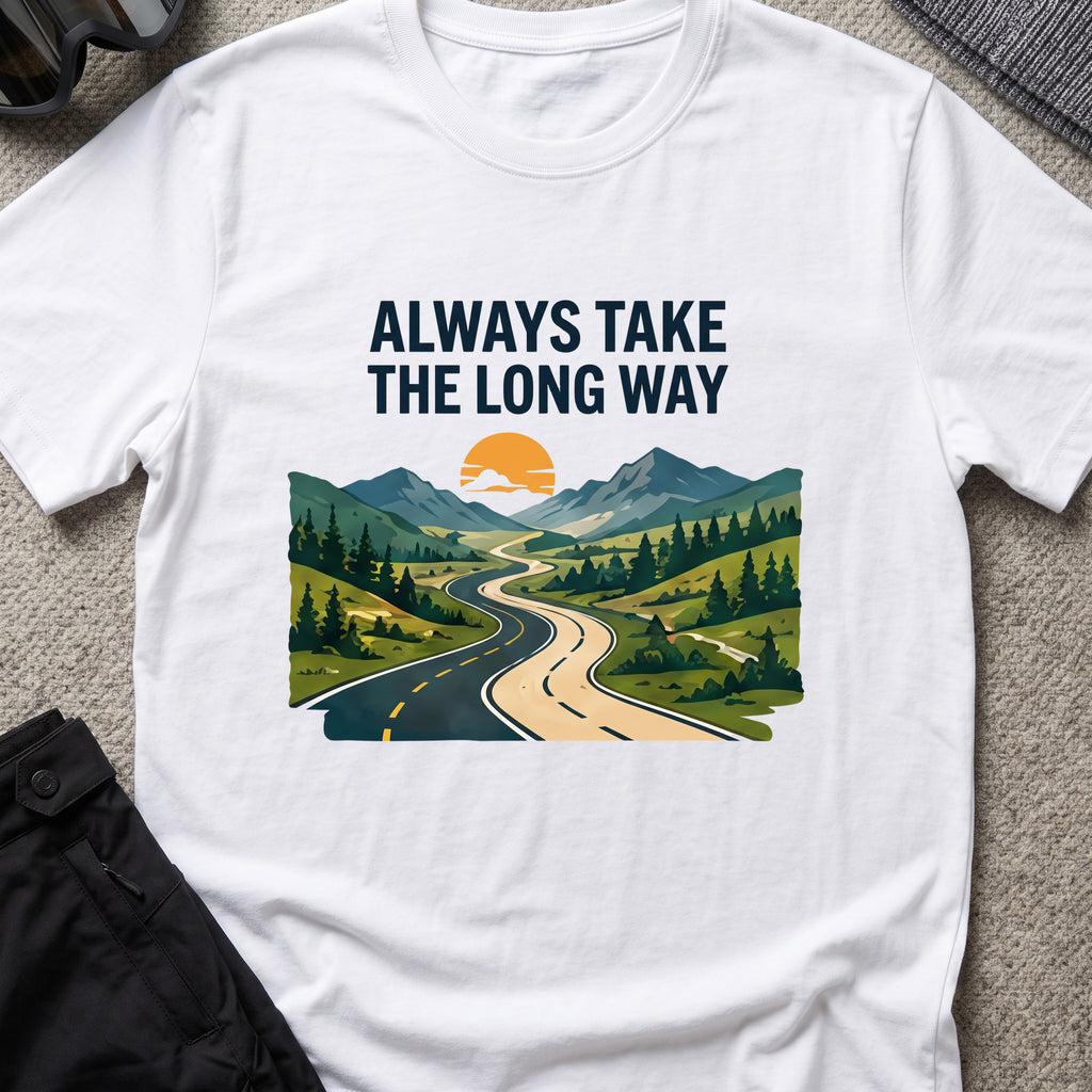 Always Take the Long Way T-Shirt in White, front view.
