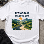 Always Take the Long Way T-Shirt in White, front view.