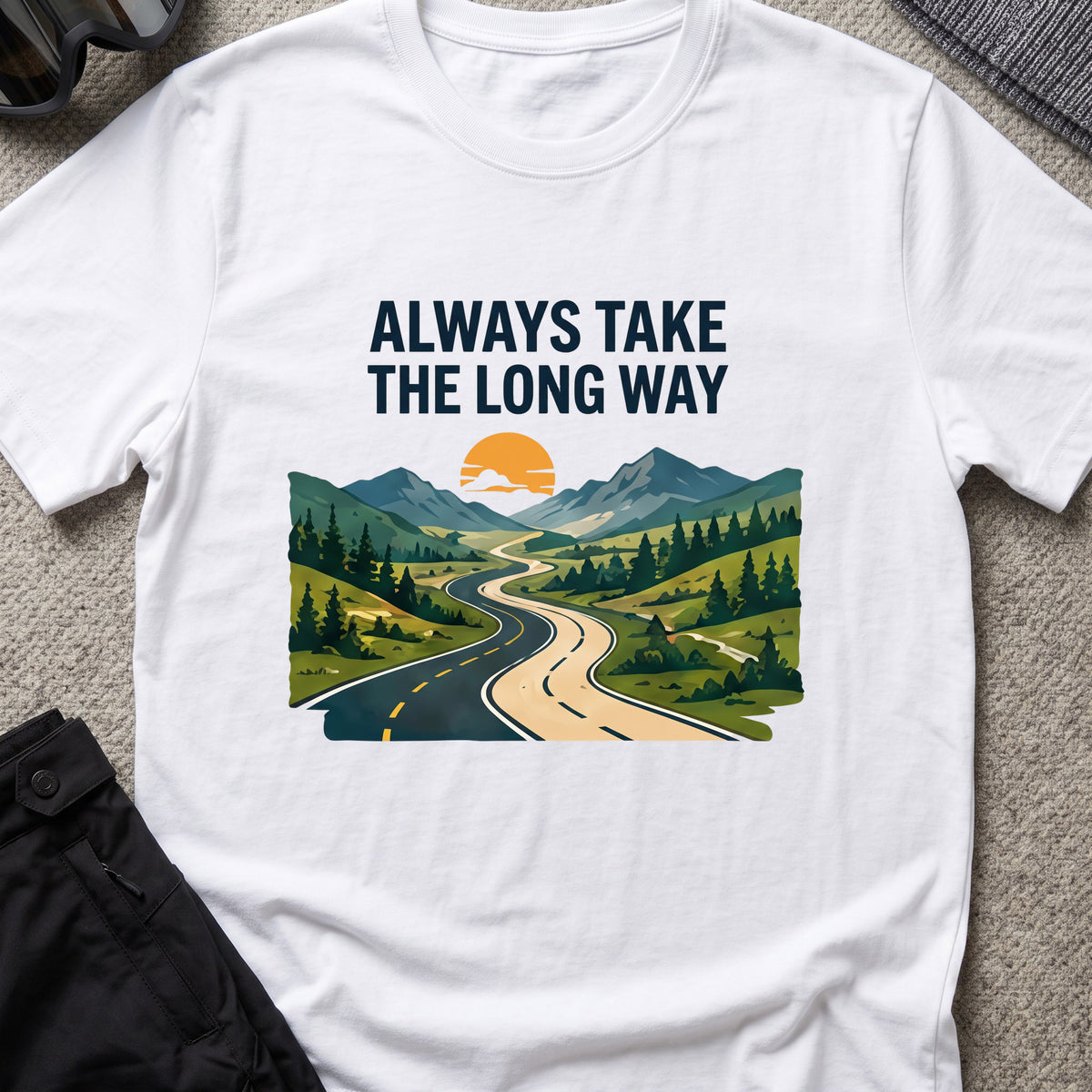 Always Take the Long Way T-Shirt in White, front view.