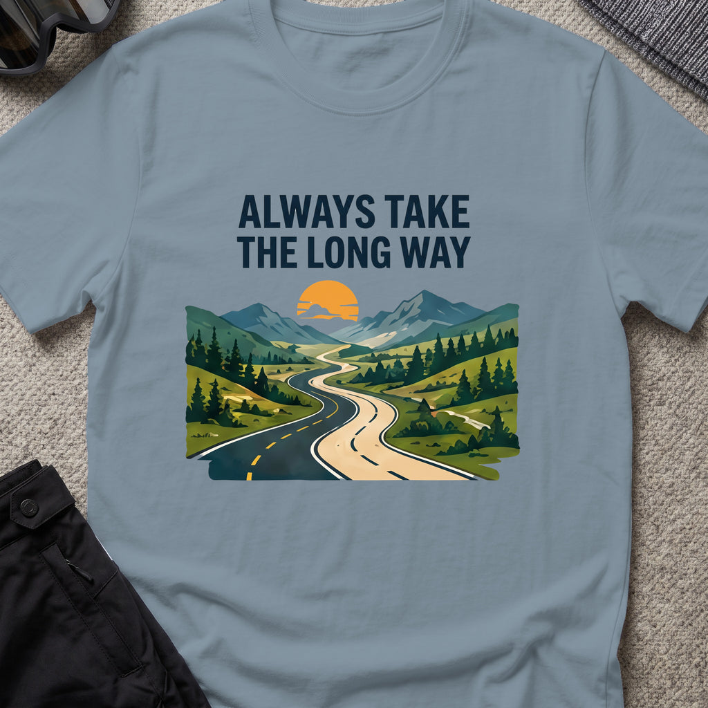 Always Take the Long Way T-Shirt in Stone Blue, front view.