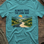 Always Take the Long Way T-Shirt in Heather Galapagos Blue, front view.
