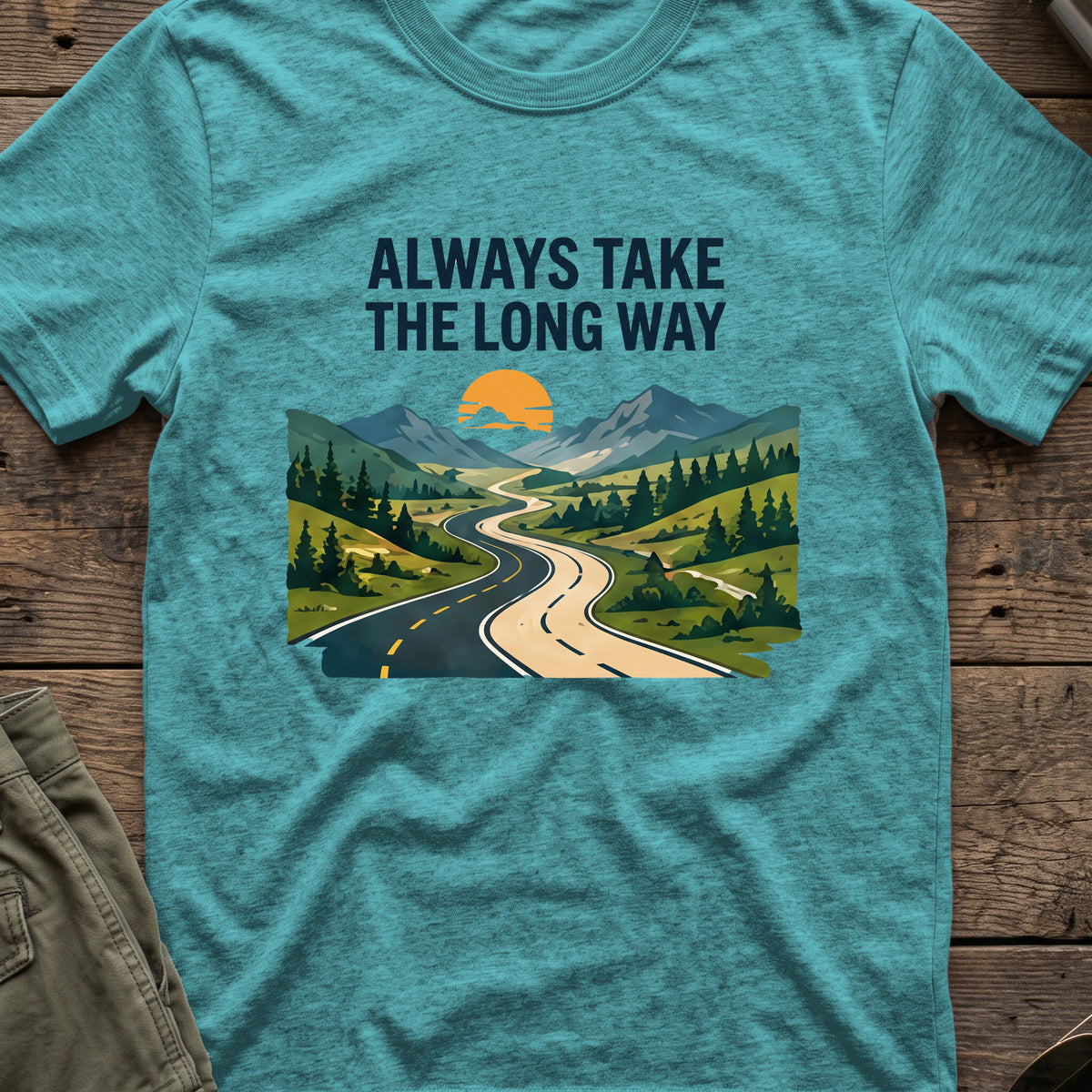 Always Take the Long Way T-Shirt in Heather Galapagos Blue, front view.