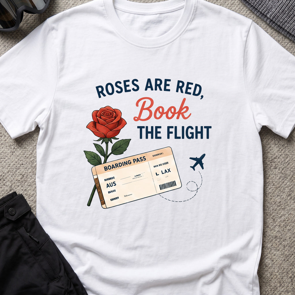 Roses are Red, Book the Flight T-Shirt in White, front view.
