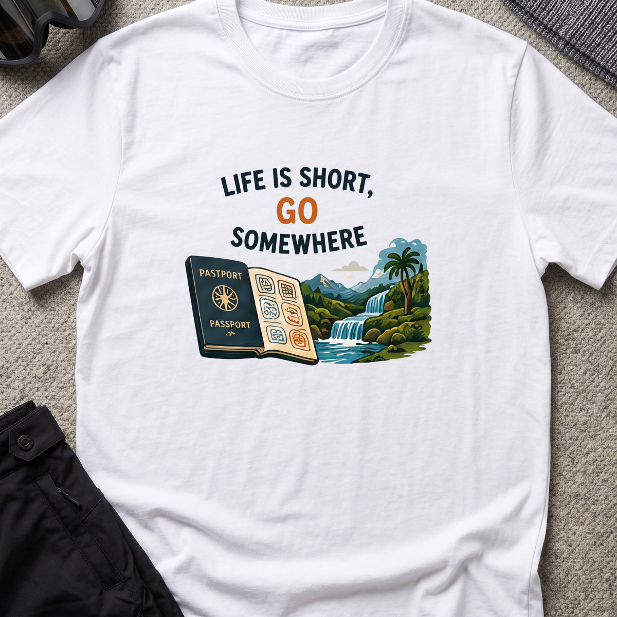 Life's Short, Go Somewhere T-Shirt in White, front view.