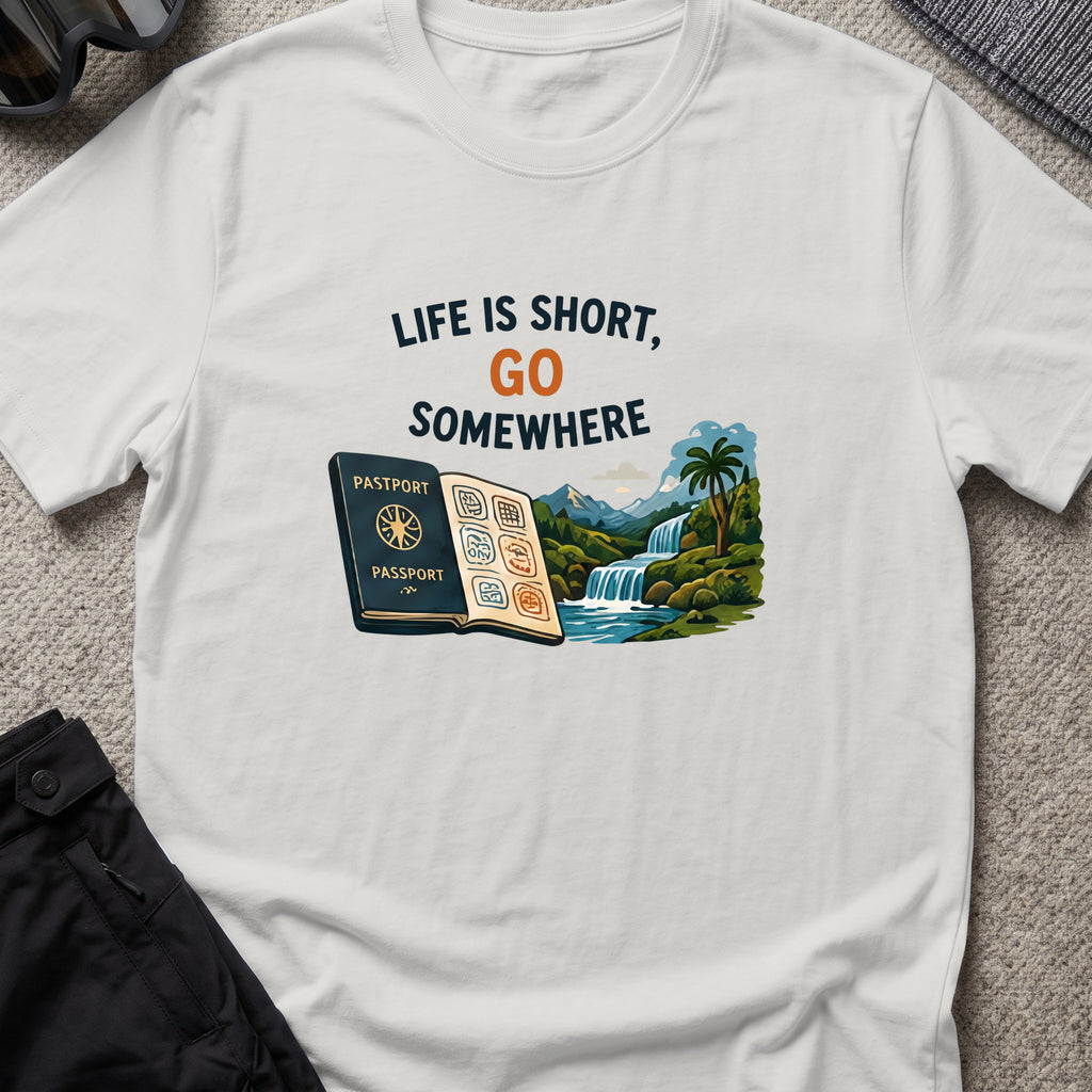 Life's Short, Go Somewhere T-Shirt in Ice Grey, front view.
