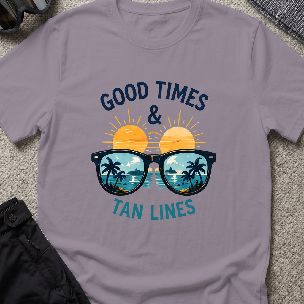 Good Times and Tan Lines T-Shirt — Shades in Paragon, front view.