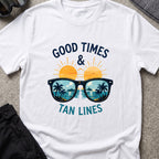Good Times and Tan Lines T-Shirt — Shades in White, front view.