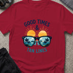 Good Times and Tan Lines T-Shirt — Shades in Cardinal Red, front view.