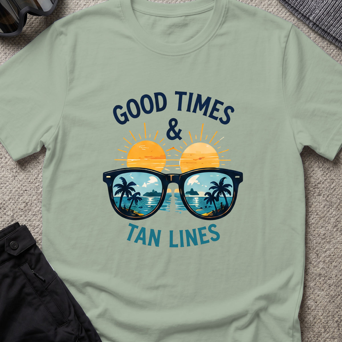 Good Times and Tan Lines T-Shirt — Shades in Sage, front view.