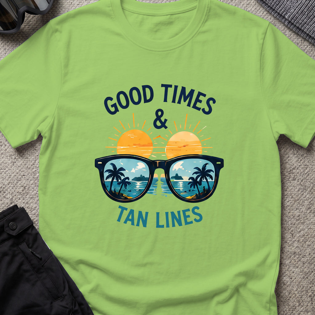 Good Times and Tan Lines T-Shirt — Shades in Lime, front view.