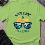 Good Times and Tan Lines T-Shirt — Shades in Lime, front view.