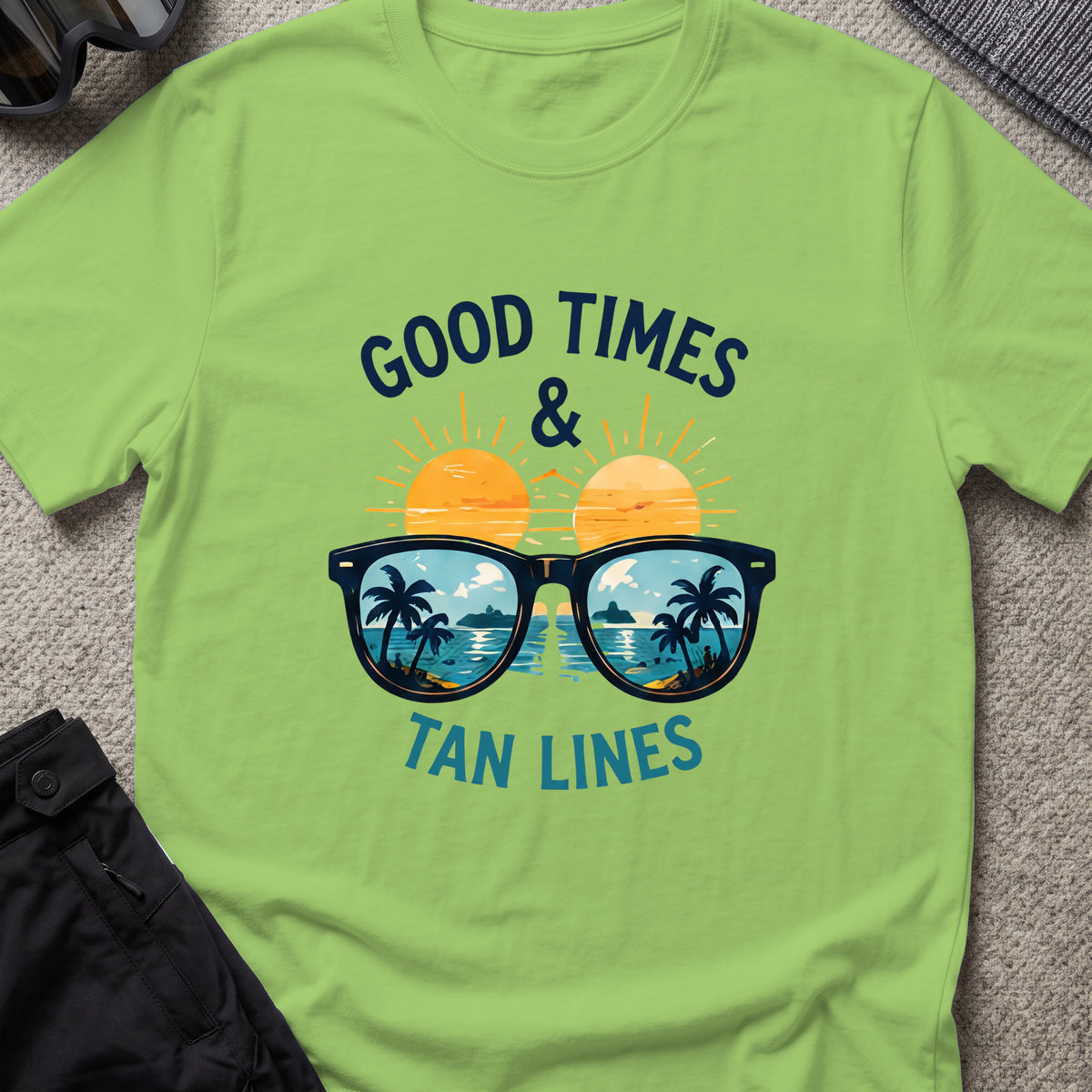 Good Times and Tan Lines T-Shirt — Shades in Lime, front view.