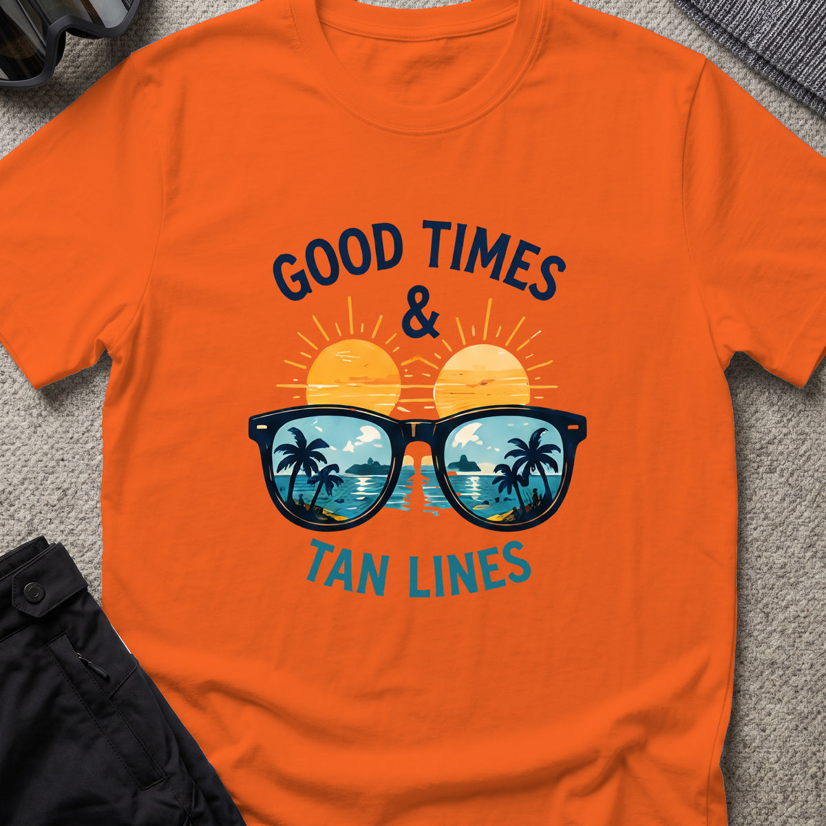 Good Times and Tan Lines T-Shirt — Shades in Orange, front view.