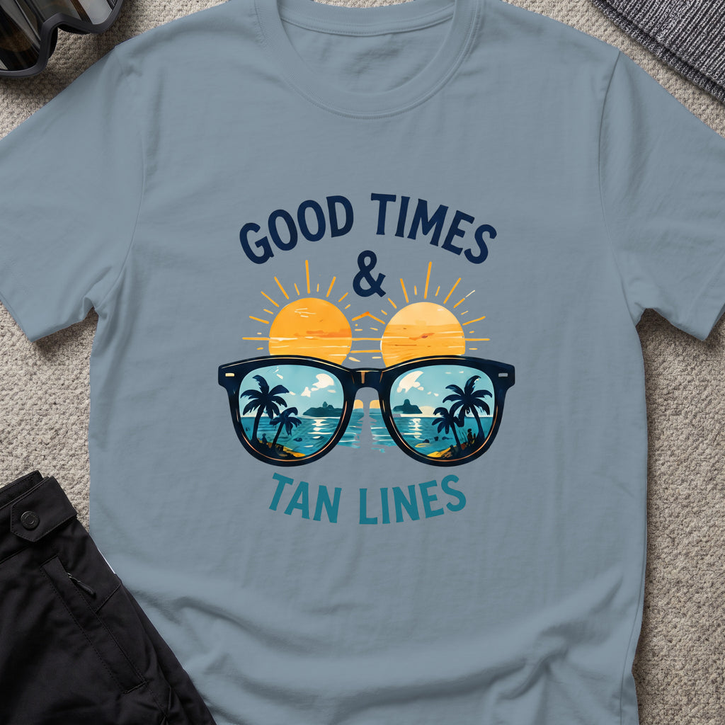Good Times and Tan Lines T-Shirt — Shades in Stone Blue, front view.