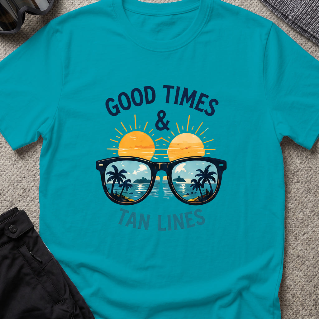 Good Times and Tan Lines T-Shirt — Shades in Tropical Blue, front view.