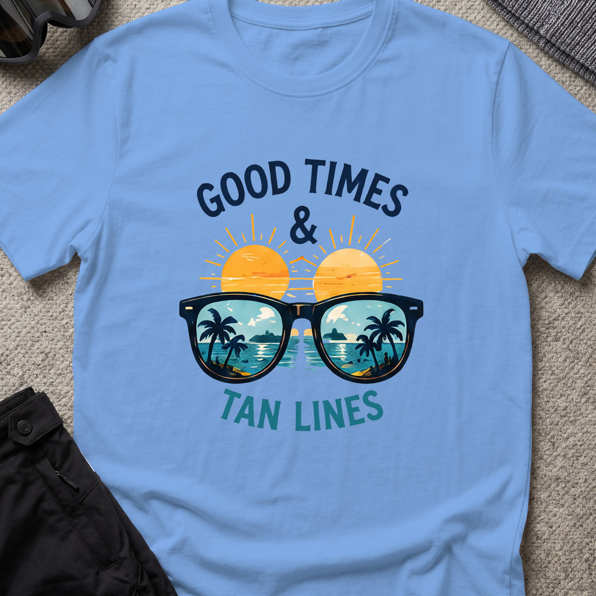 Good Times and Tan Lines T-Shirt — Shades in Carolina Blue, front view.