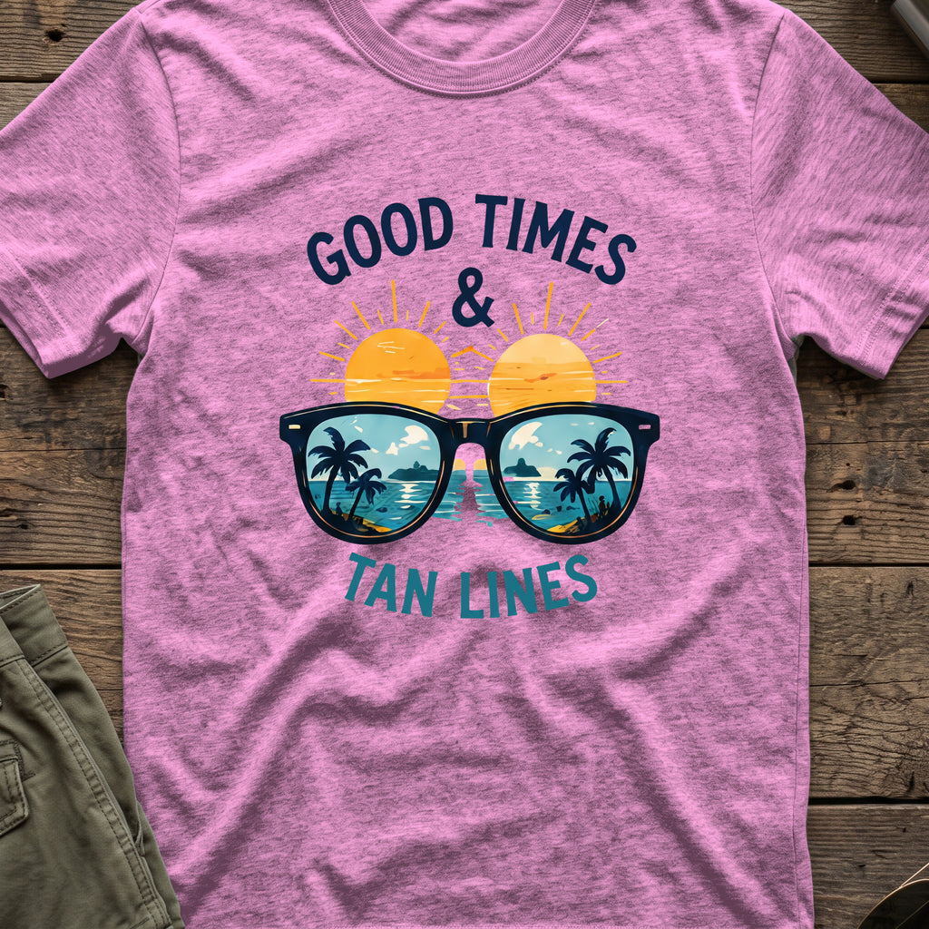 Good Times and Tan Lines T-Shirt — Shades in Heather Radiant Orchid, front view.