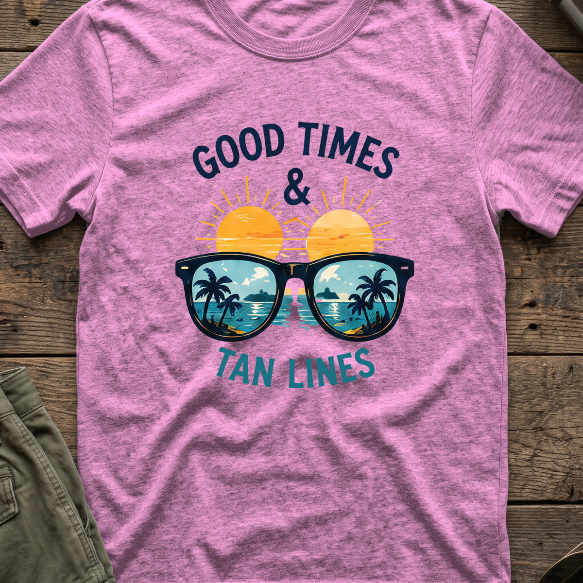 Good Times and Tan Lines T-Shirt — Shades in Heather Radiant Orchid, front view.