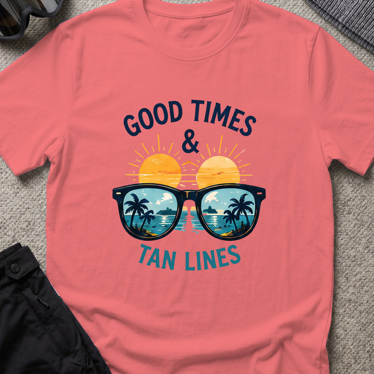 Good Times and Tan Lines T-Shirt — Shades in Coral Silk, front view.