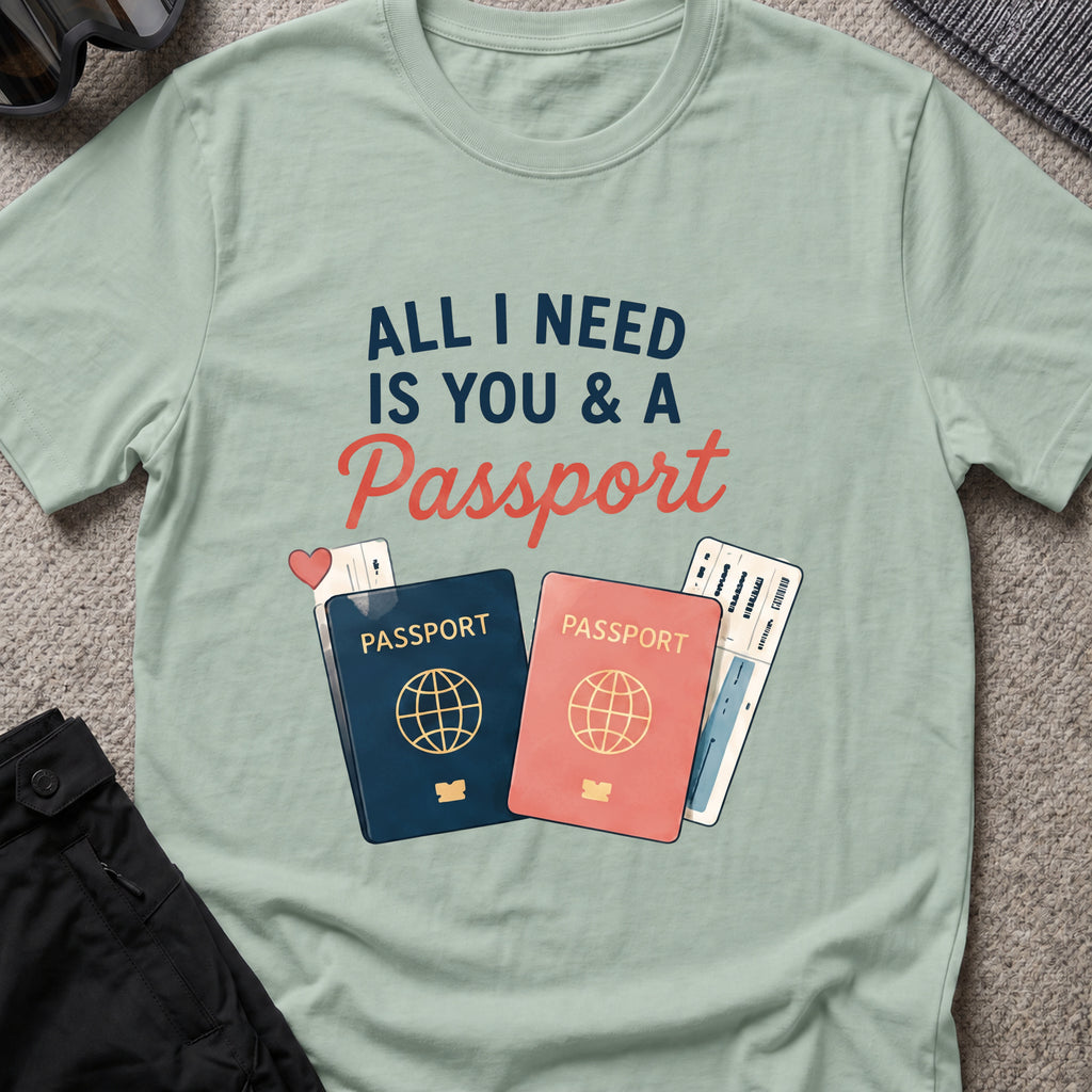 All I Need is You and a Passport T-Shirt in Sage, front view.