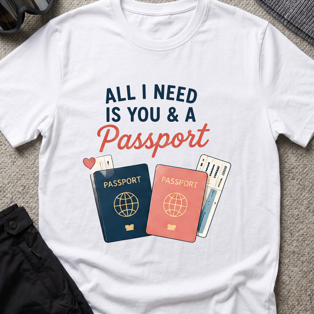 All I Need is You and a Passport T-Shirt in White, front view.